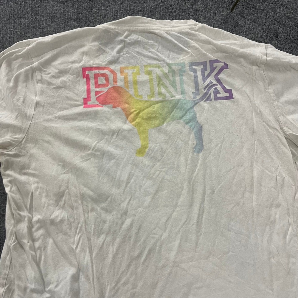 PINK T-Shirt Womens Size L White Rainbow Back Graphic Pocket Short Sleeve Tee